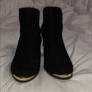 JustFab black faux suede booties.